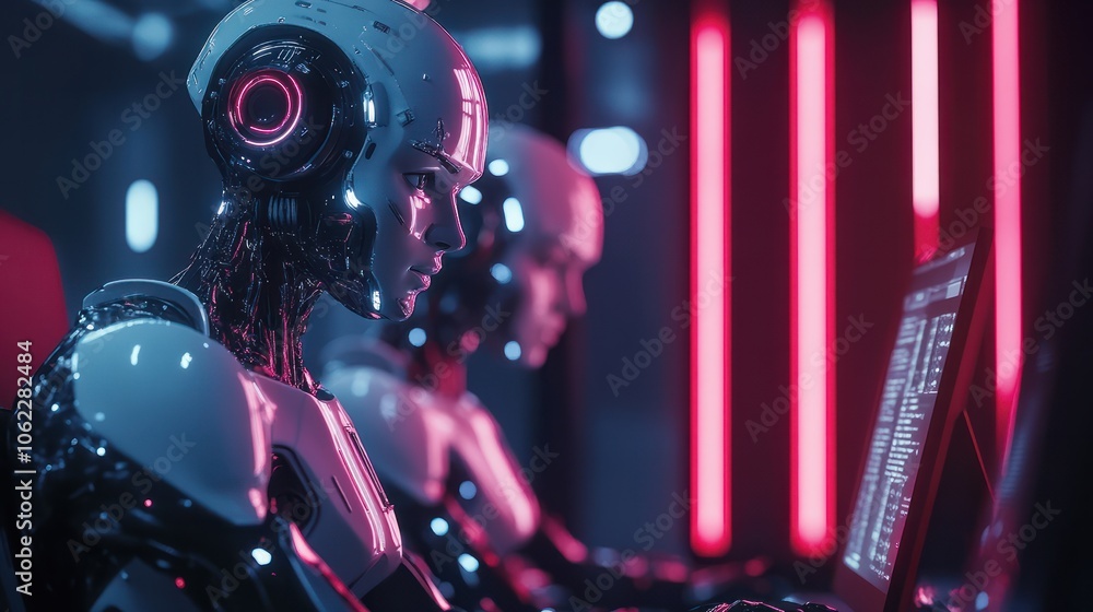Poster ai cyber security concept. diverse it specialist team analyzing artificial intelligence online risk 
