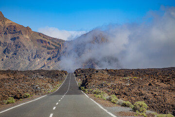 road in fog to volcano Teide on Tenerife island. Canary