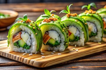 Fresh Sushi Rolls with Avocado and Cucumber on Wooden Board