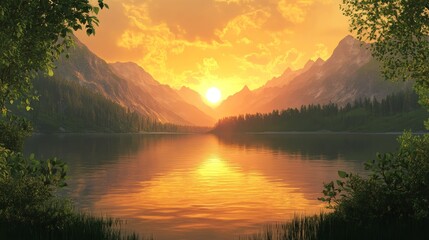 A serene sunset landscape with a tranquil mountain lake reflecting the golden hues of the sky, surrounded by lush green trees and majestic mountains, conveying a sense of peace, beauty, and the passag