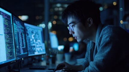 Asian software developers working on multiple screens displaying code and application diagrams at night in modern office