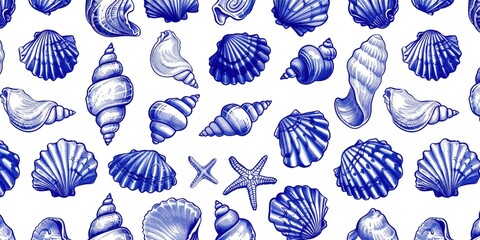 Nautical pattern showcasing a variety of shells and starfish in blue and white tones