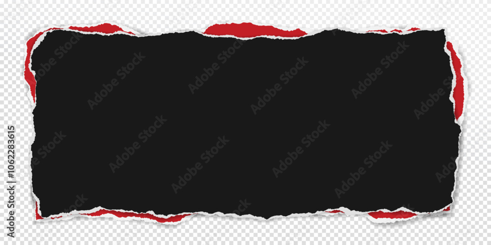 Poster black, red pieces of paper with torn edges and soft shadow are on transparent background for text or