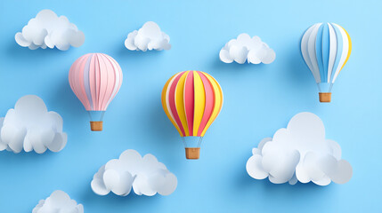 Fototapeta premium Colorful hot air balloons floating through a sky full of paper clouds, symbolizing adventure and dreams. 