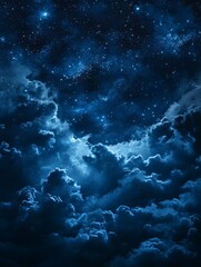 Fototapeta premium A mesmerizing night sky with a vast expanse of stars and clouds. The image captures the beauty of the celestial sphere with its shimmering lights and ethereal clouds. The dark blue tones create a sens