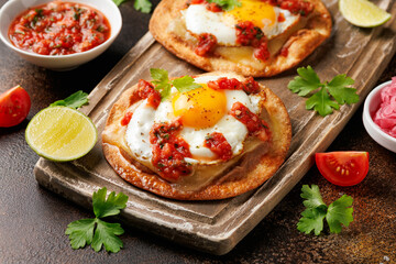 Huevos Rancheros tostadas with fried egg, tomato salsa, bean paste and cheese on wooden board