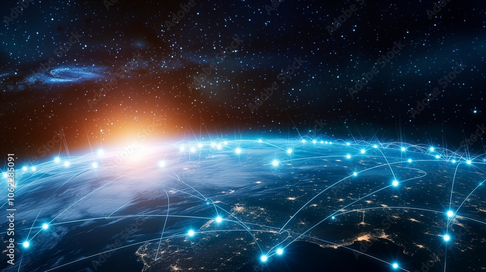 Poster global network connection visualized from space at sunrise. a breathtaking view of earth from space,
