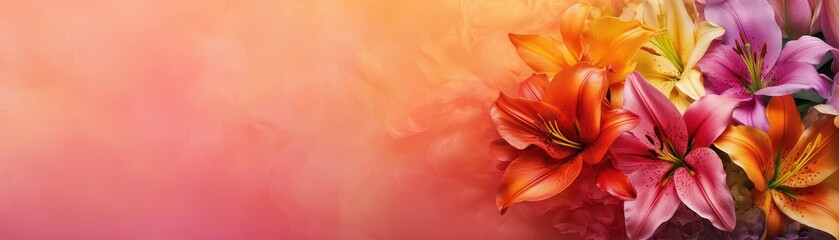 Fototapeta premium A vibrant floral arrangement featuring colorful lilies against a soft, warm gradient background.