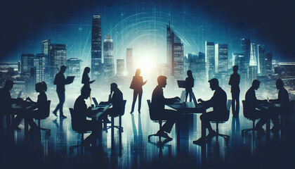 A silhouette of a team of diverse individuals who work together in a bustling city. The key themes are "growth," "success," "vision," and "together".