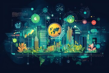 Conceptual illustration of sustainable business strategy integrating green technology icons and global ecosystem elements in harmonious infographic design.