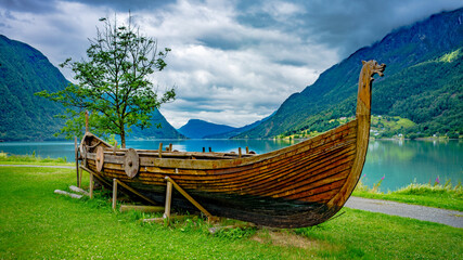 Wikinger Schiff in Skjolden in Norwegen am Sognefjord