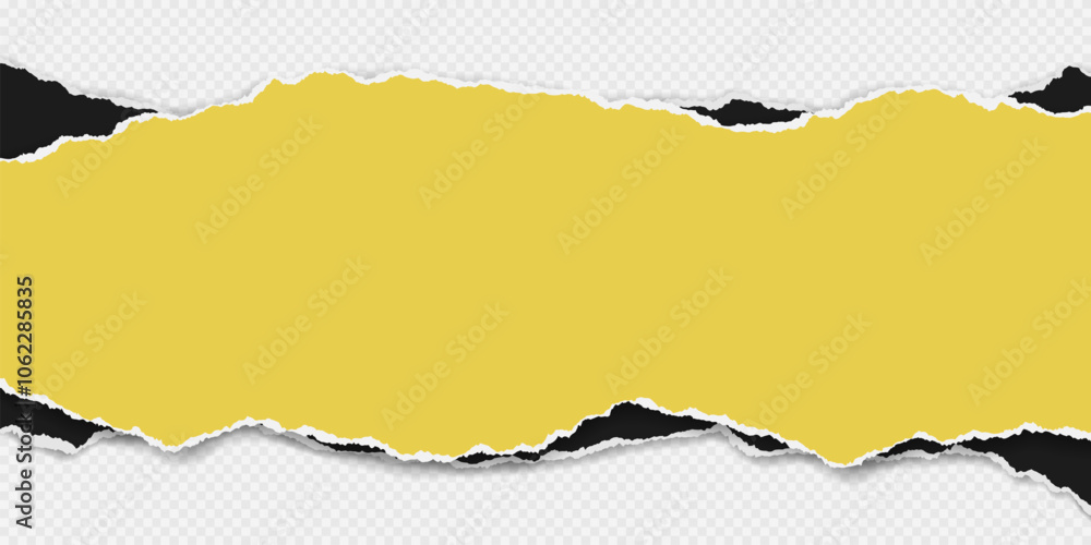 Poster black, yellow piece of paper with torn edges and soft shadow are on transparent background for text 
