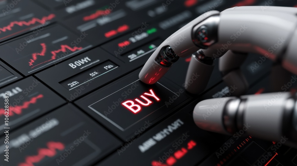 Poster robot hand pressing buy button on control panel