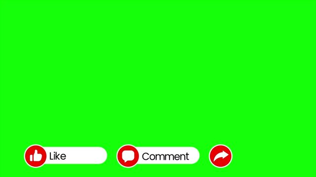 Like share and comment buttons animations on a green screen. like share Comment icons Animated Graphic isolated on green screen background