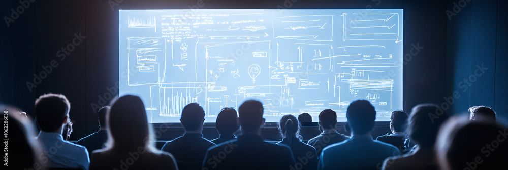 Poster digital whiteboard hovering over rows of attendees, with words and drawings projecting in 3d space