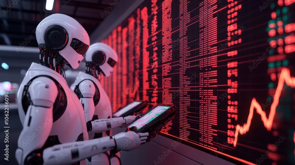 Poster robots analyzing stock market data on digital screen