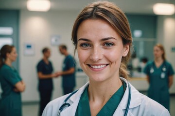 Fototapeta premium Close portrait of a smiling young Hungarian woman doctor looking at the camera, Hungarian hospital blurred background