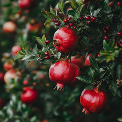Discover a serene pomegranate garden, where vibrant fruits hang amid lush greenery, creating a peaceful oasis of beauty.