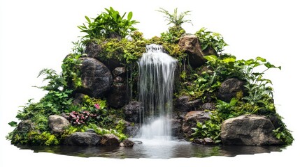 Naklejka premium A serene waterfall cascades down moss-covered rocks, surrounded by vibrant green foliage and lush vegetation, creating a peaceful and inviting oasis.