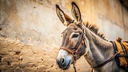 Fototapeta premium Donkey in Harness at Farm Against Rustic Wall