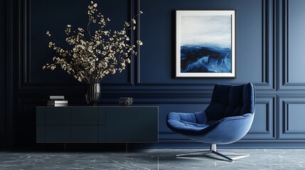 Contemporary blue living room with luxurious furniture design. Empty navy wall serving as a backdrop for art displays. A deep cobalt chair adds a touch of elegance. 3D render