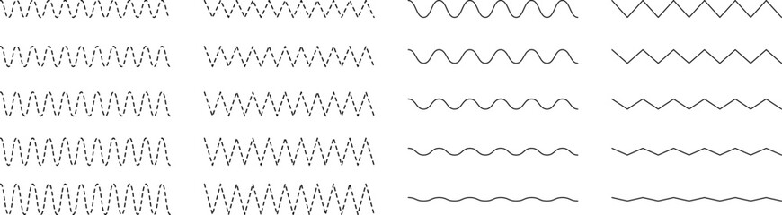 Set of seamless wavy - curvy and zigzag - criss cross horizontal lines. Vector Graphic design elements