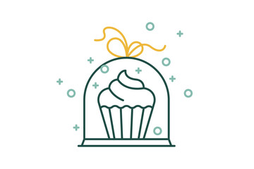Vector linear minimalistic illustration - cupcake icon - gift cake packaged. Muffin sign, bow gift isolated, Birthday present, Christmas pie, New Year package, Holidays confectionery emblem