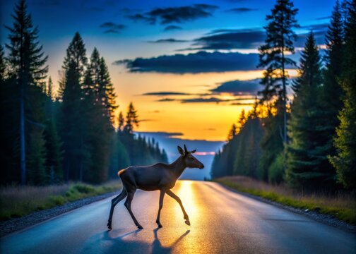 Moose Calf Crossing Road at Sunset in Hallabrottet