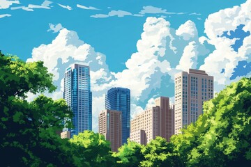 Fototapeta premium A vibrant cityscape with modern skyscrapers rising above lush green trees, all under a beautiful blue sky with fluffy white clouds, symbolizing urban renewal, nature's beauty, harmony, growth, and pro