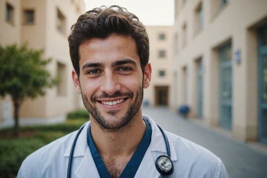Close portrait of a smiling young Israeli man doctor looking at the camera, Israeli hospital blurred background