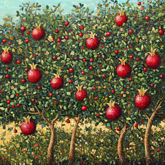 Discover a serene pomegranate garden, where vibrant fruits hang amid lush greenery, creating a peaceful oasis of beauty.