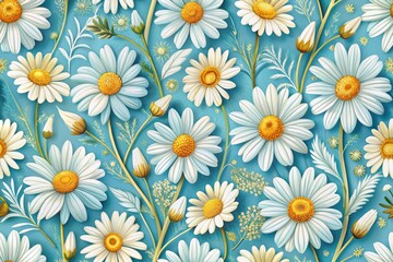 Beautiful Daisy Flower Pattern on Blue Background