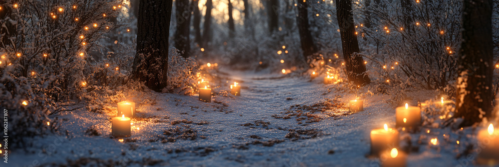 Poster floating christmas candles illuminating a path through a snowy forest, with shadows dancing in the f