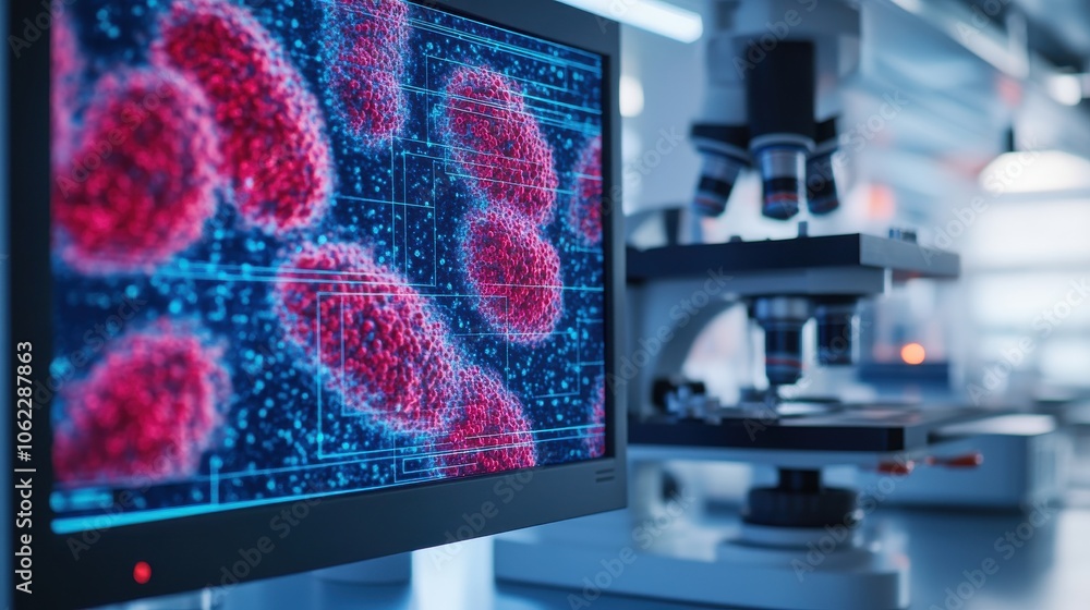 Poster advanced microscope displaying genetic research data