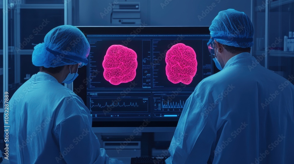Poster scientists monitor cells using ai technology in laboratory