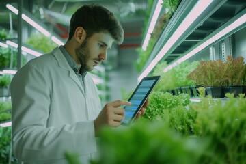Scientist monitoring crop growth in high-tech greenhouse