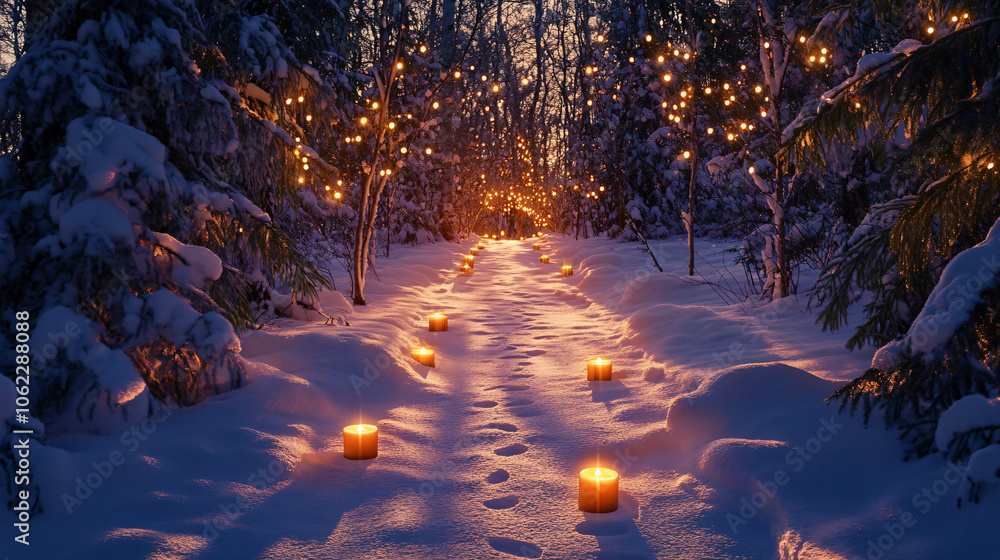 Poster floating christmas candles illuminating a path through a snowy forest, with shadows dancing in the f