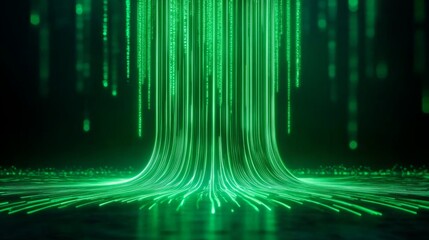 technology background with green light trails streaks data stream effect. 6G networks and data transmission. 
