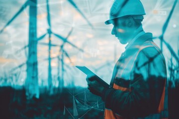 engineer conducting analysis with wind turbines in view