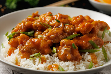 Chinese orange chicken with rice and green onion garnish