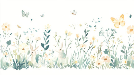 Whimsical garden scene with rabbits and butterflies amidst delicate floral arrangements in soft pastels