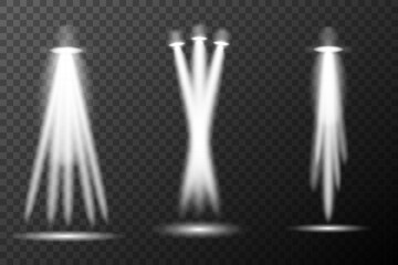Spotlight white light effect, light from a lamp or spotlight, illuminated stage, podium in the spotlight, vector elements set