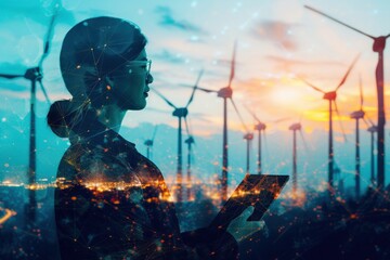 Engineer using technology with wind turbines in the background
