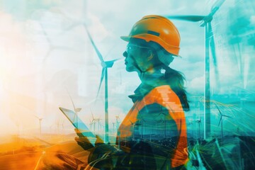 Engineer with tablet observing wind energy solutions