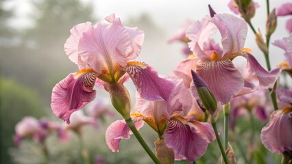 Fototapeta premium Pink Iris Flowers in Bloom Under Soft Morning Light