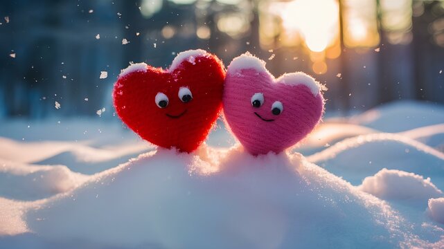 Romantic winter photo with red and pink crocheted smiling hearts in the snow, surrounded by falling snow in the sunshine.  Concept for Valentine's Day, Christmas,  New Year's  - Powered by Adobe