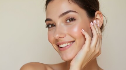 Close-up of smiling model with flawless makeup, glowing skin and natural white smile on light background with space for text. For advertising cosmetic products, skin care and dental care brands.	