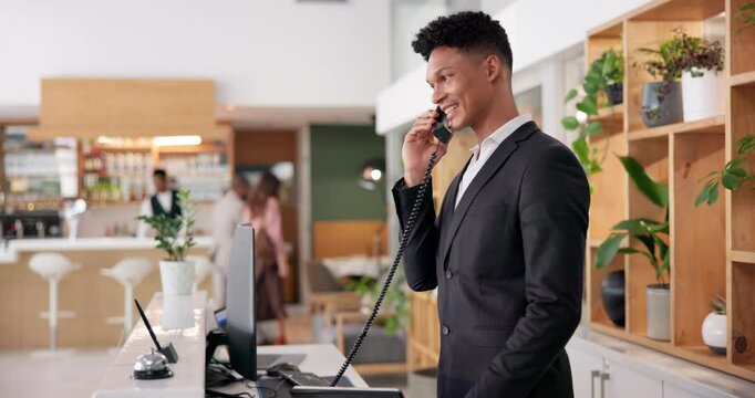 Man, receptionist and phone call for reservation, booking and enquiry as hotel staff or concierge. Male person, telephone and technology for communication, room service and customer care as employee