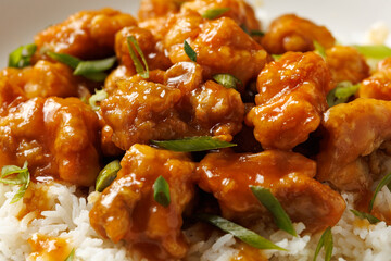 Chinese orange chicken with rice and green onion garnish