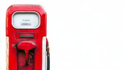 A vintage red gas pump with a white background, representing nostalgia, old-fashioned service, classic cars, and the bygone era of gas stations.